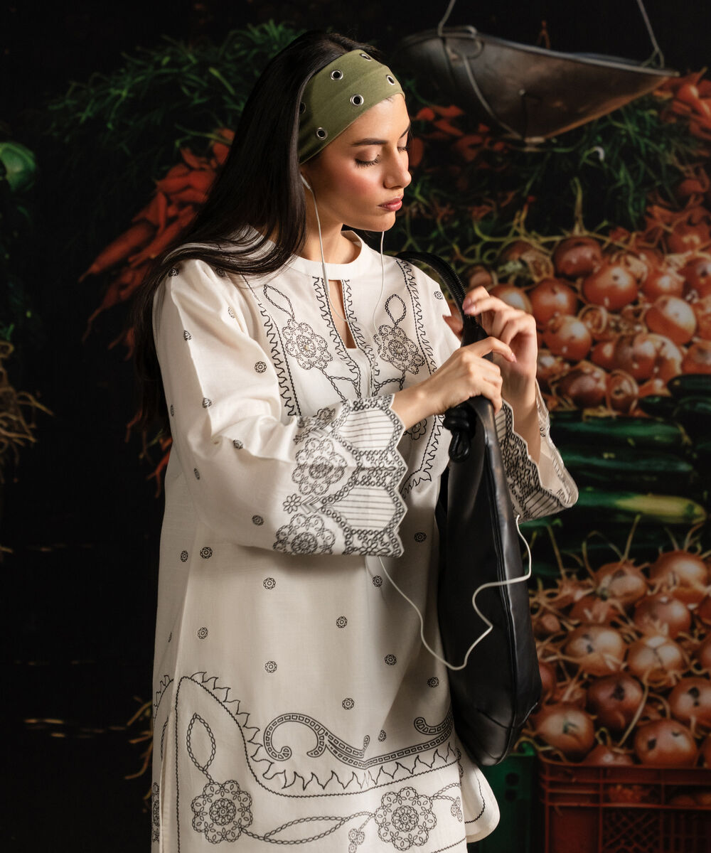 Women's RTW Slub Lawn Printed Off White 2 Piece Suit