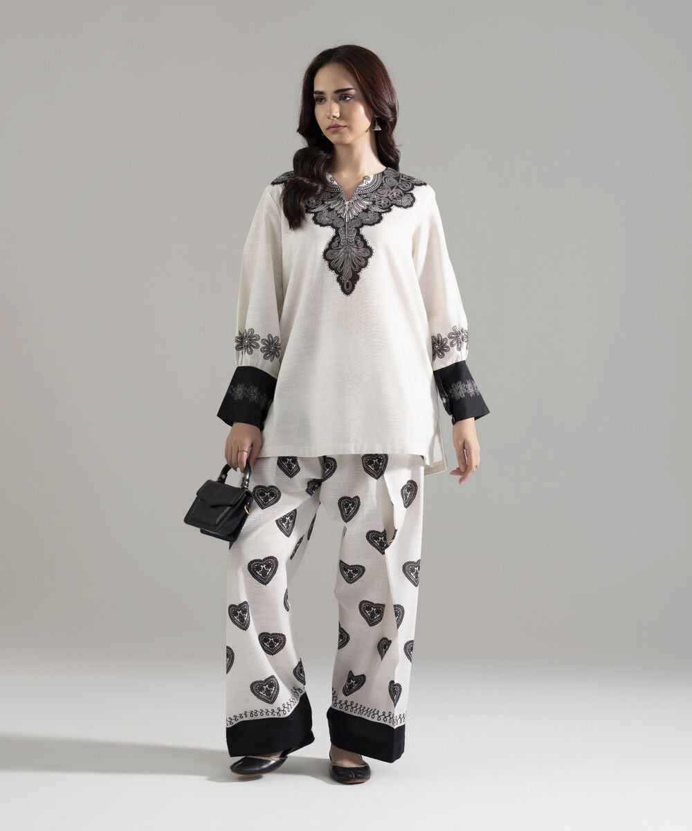 Women's RTW Khaddar Printed White Straight Shirt