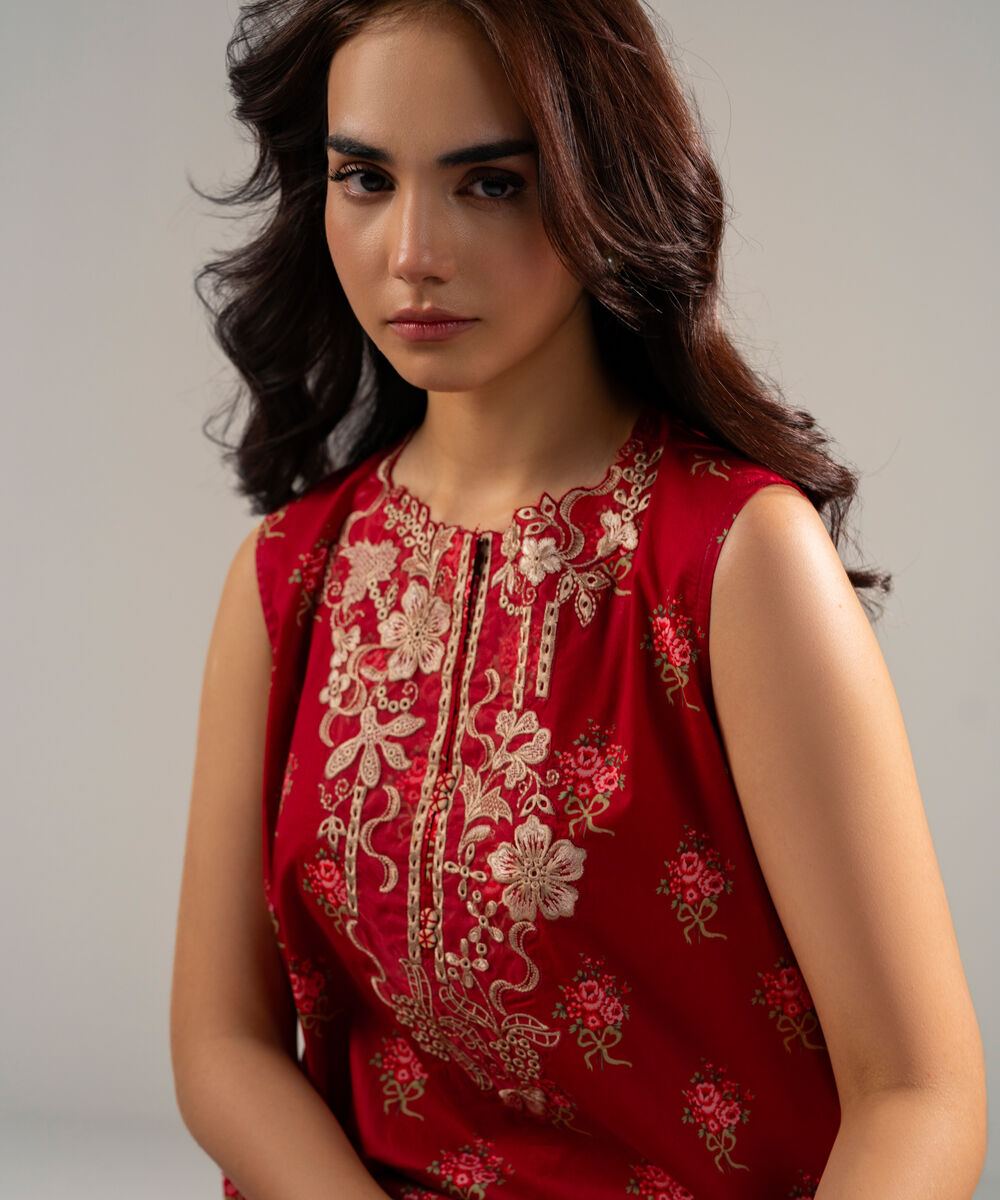 Women's RTW Lawn Embroidered Maroon Straight Shirt