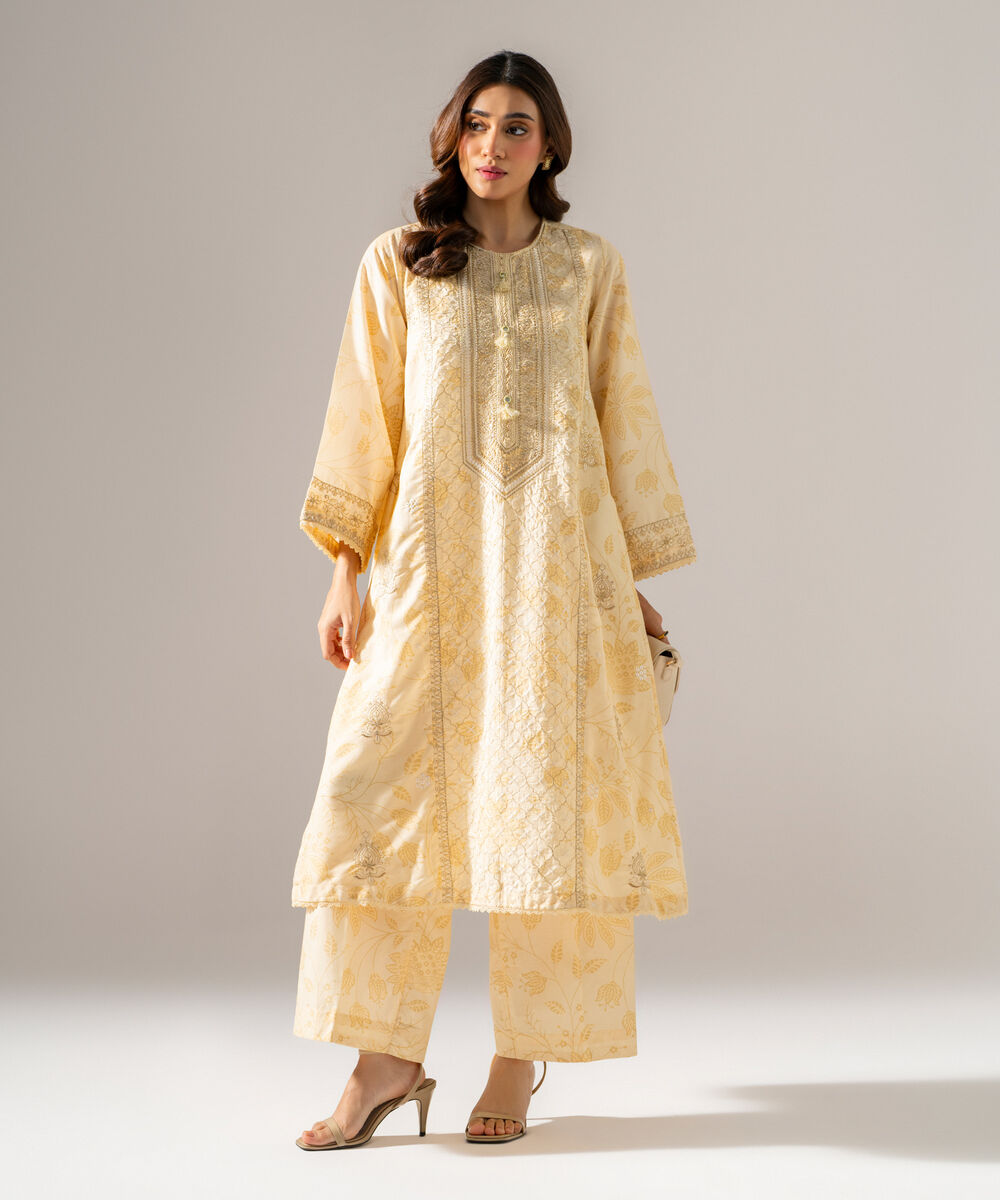 Women's RTW Fancy Khaddar Printed Embroidered Pale Yellow 2 Piece Suit
