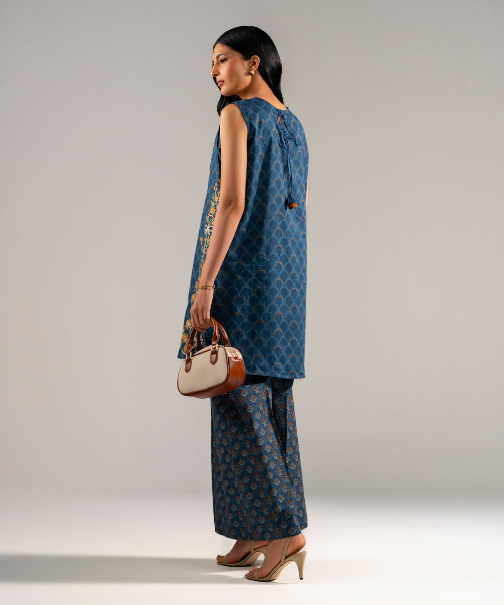 Women's RTW Lawn Embroidered Blue Straight Shirt