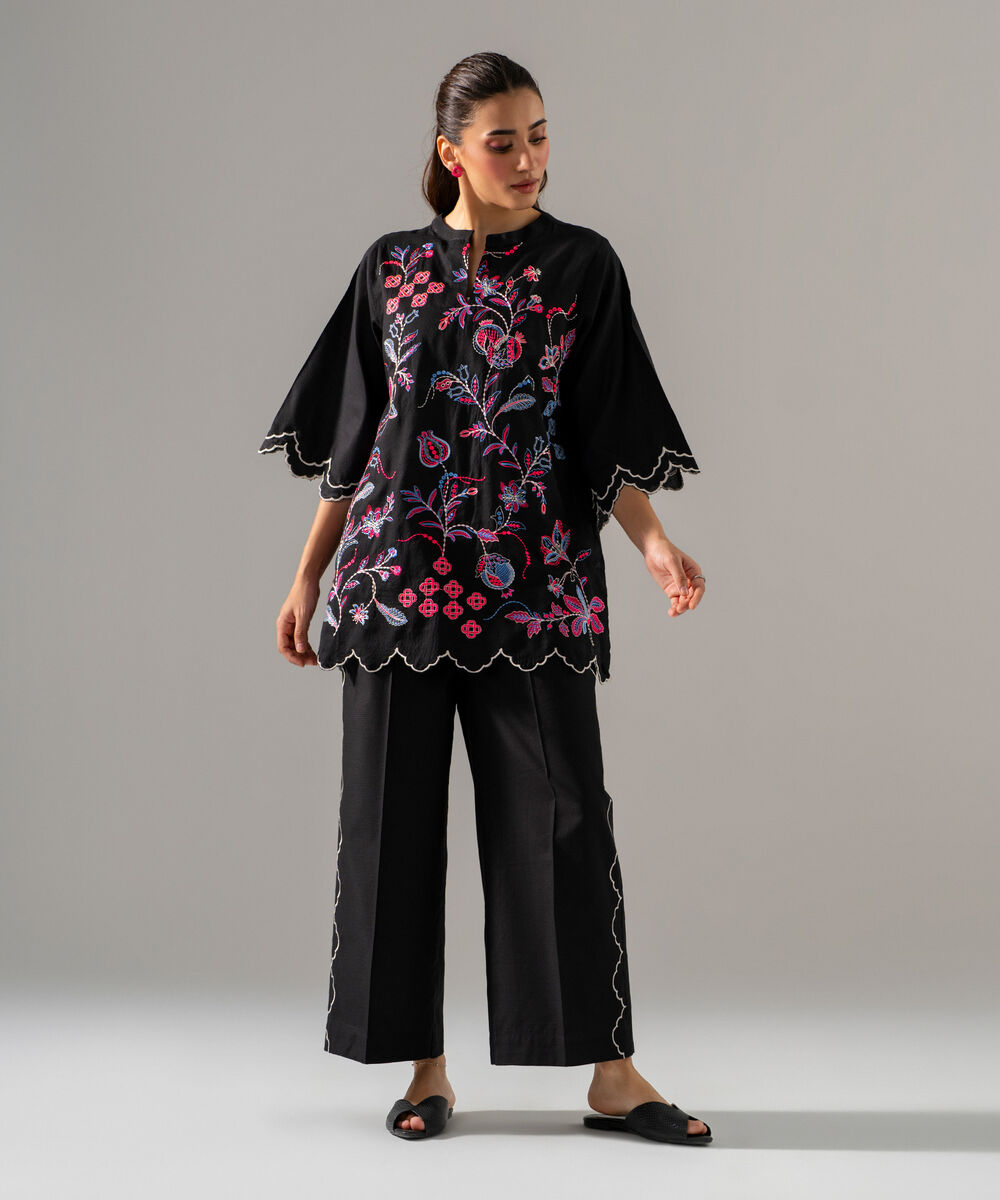 Women's RTW Dobby Solid Embroidered Black 2 Piece Suit