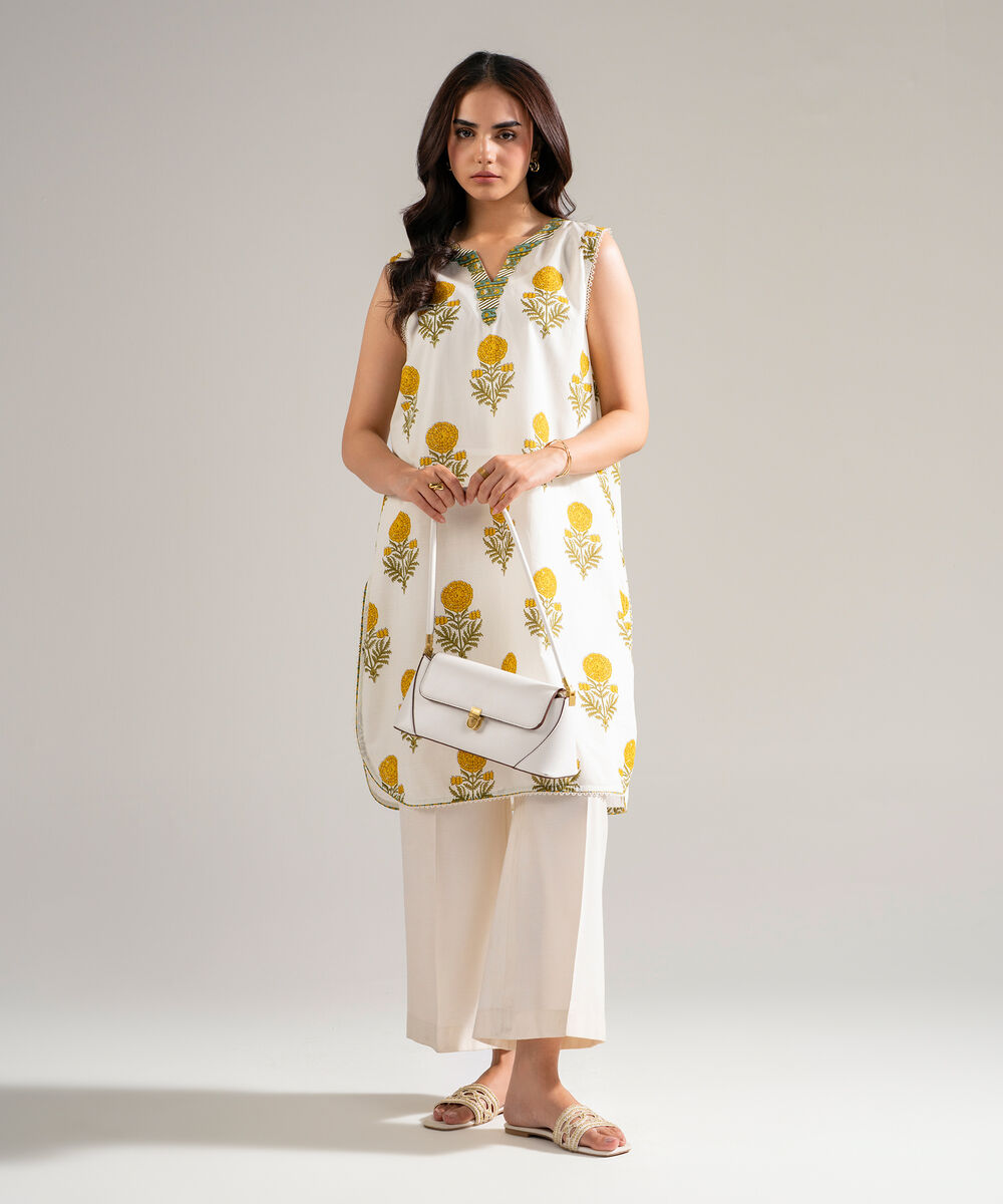 Women's RTW Slub Lawn Printed Off White Straight Shirt