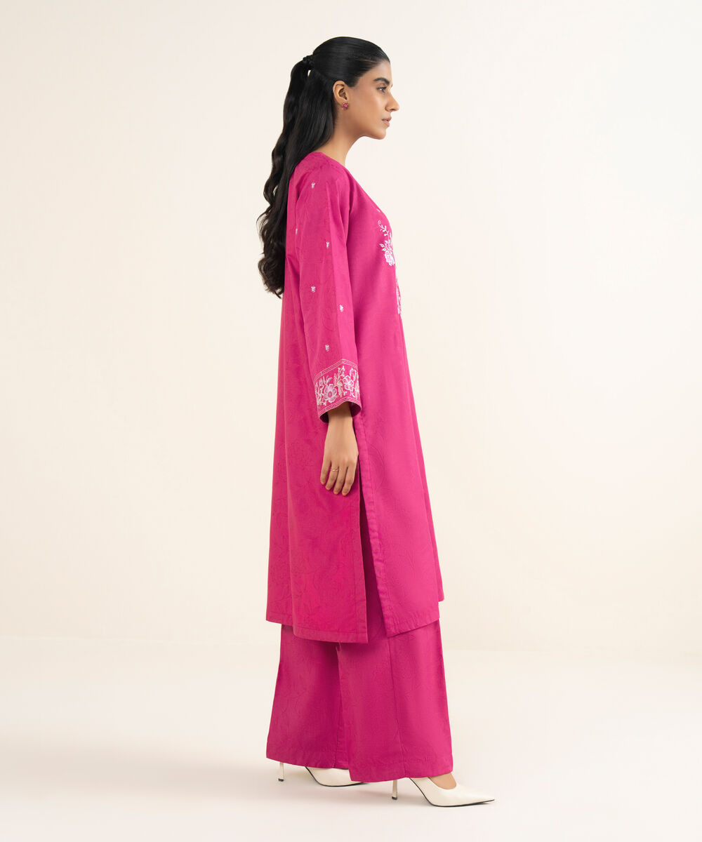 Women's RTW Jacquard Embroidered Pink A-Line Shirt