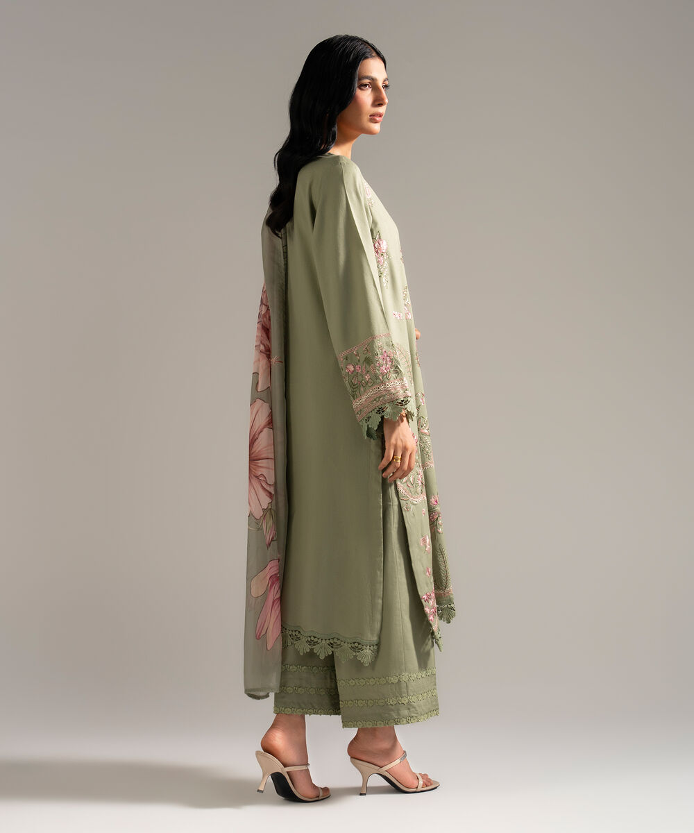 Women's RTW Dobby Crepe Embroidered Green 3 Piece Suit