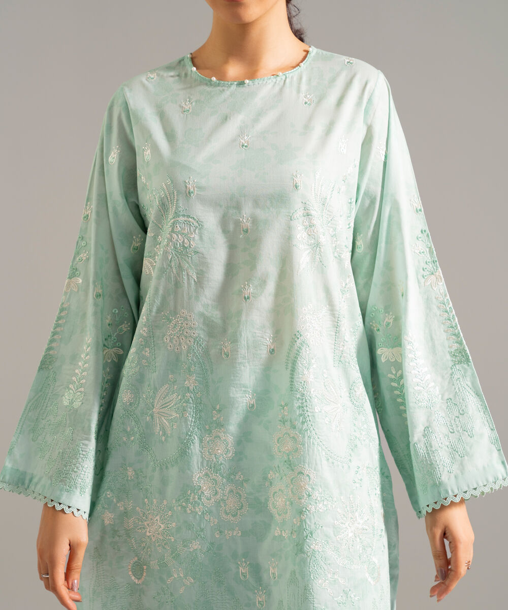 Women's RTW Lawn Embroidered Green 3 Piece Suit