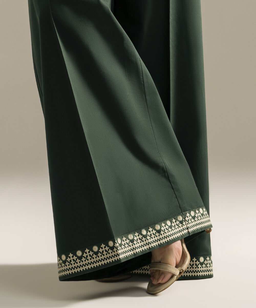 Women's RTW Cambric Solid Dark Green Flared Pants