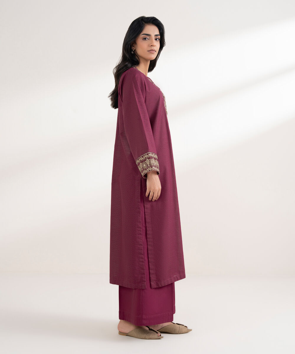 Women's RTW Zari Cotton Embroidered Straight Magenta Shirt