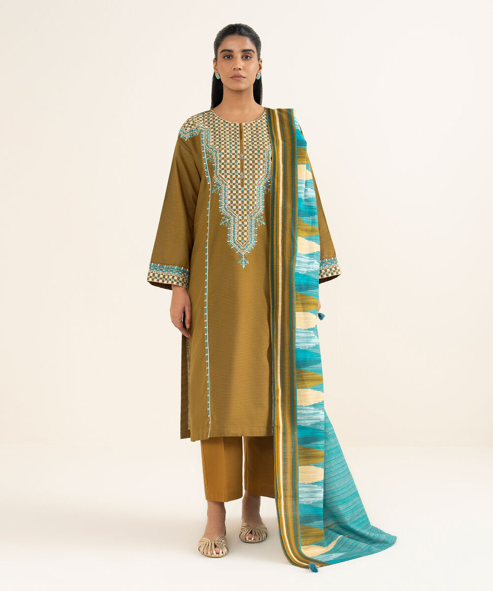 Women's RTW Fancy Textured Slub Embroidered Brown A-Line Shirt