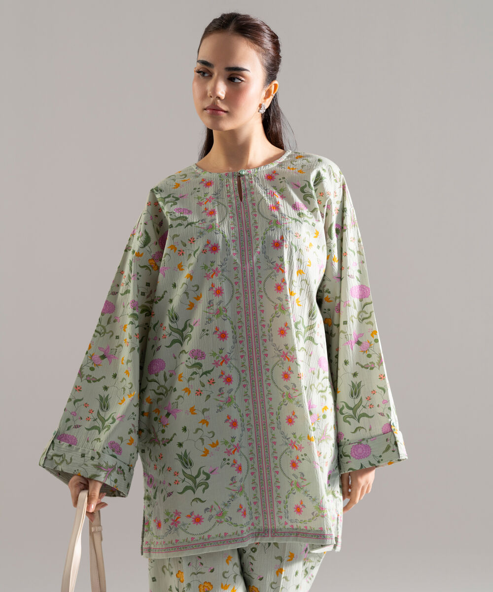 Women's RTW Seersucker Printed Green 2 Piece Suit