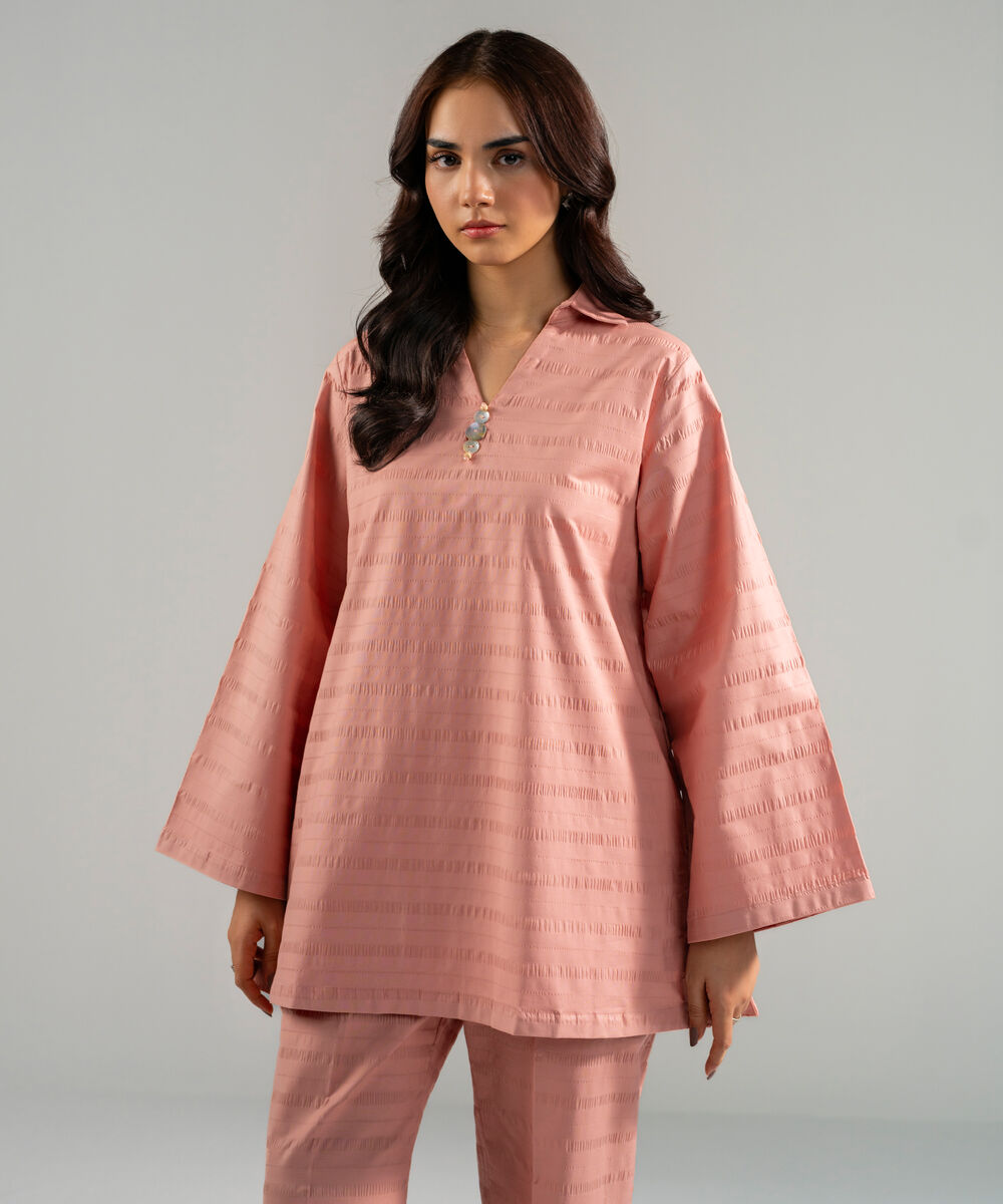 Women's RTW Seersucker Solid Pink 2 Piece Suit