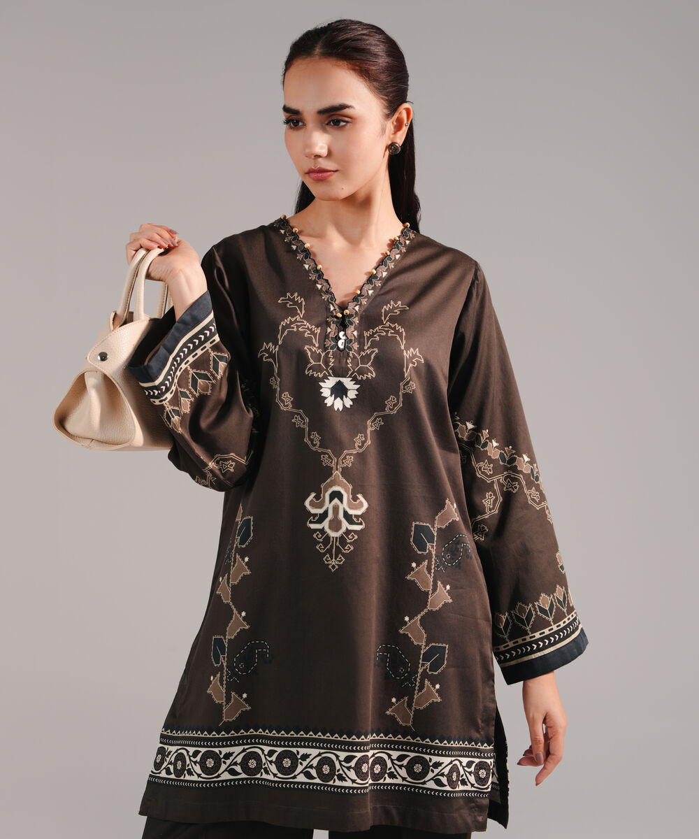 Women's RTW Cotton Satin Printed Dark Olive Green Straight Shirt