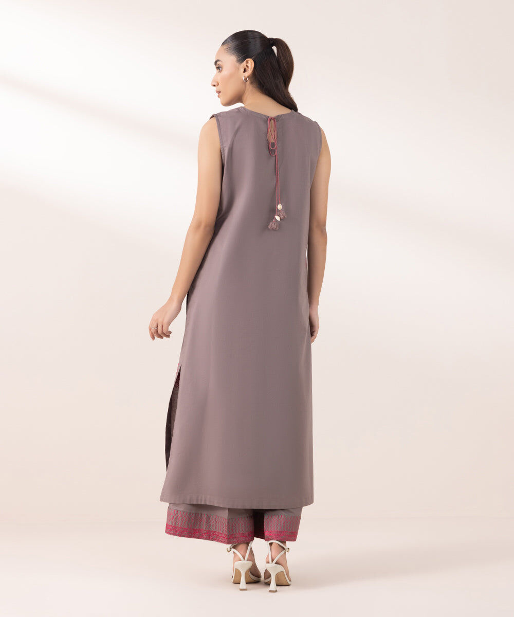 Women's Pret Cambric Embroidered Fawn Grey A-Line Shirt