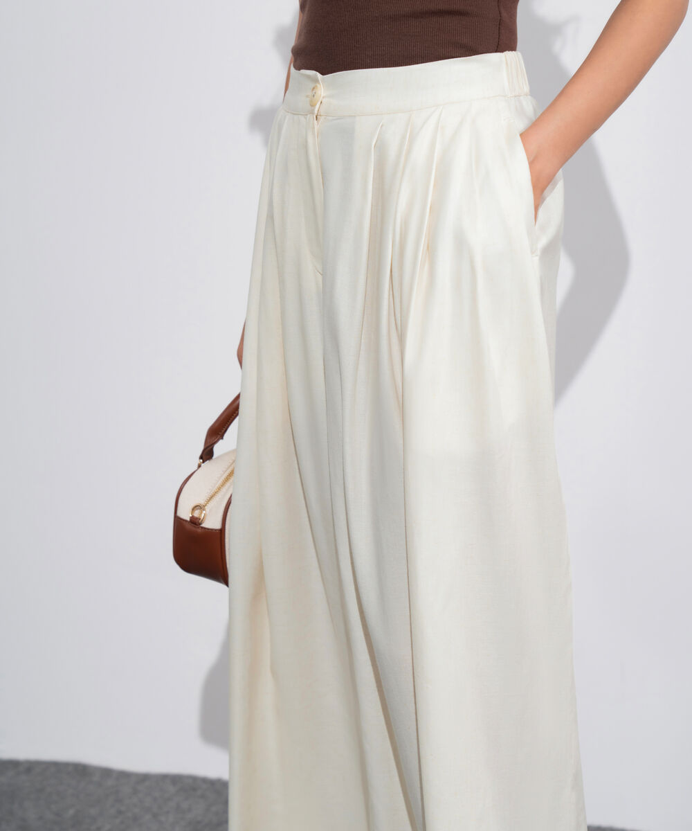 Women's Western Off White Linen Blend Pleated Trousers