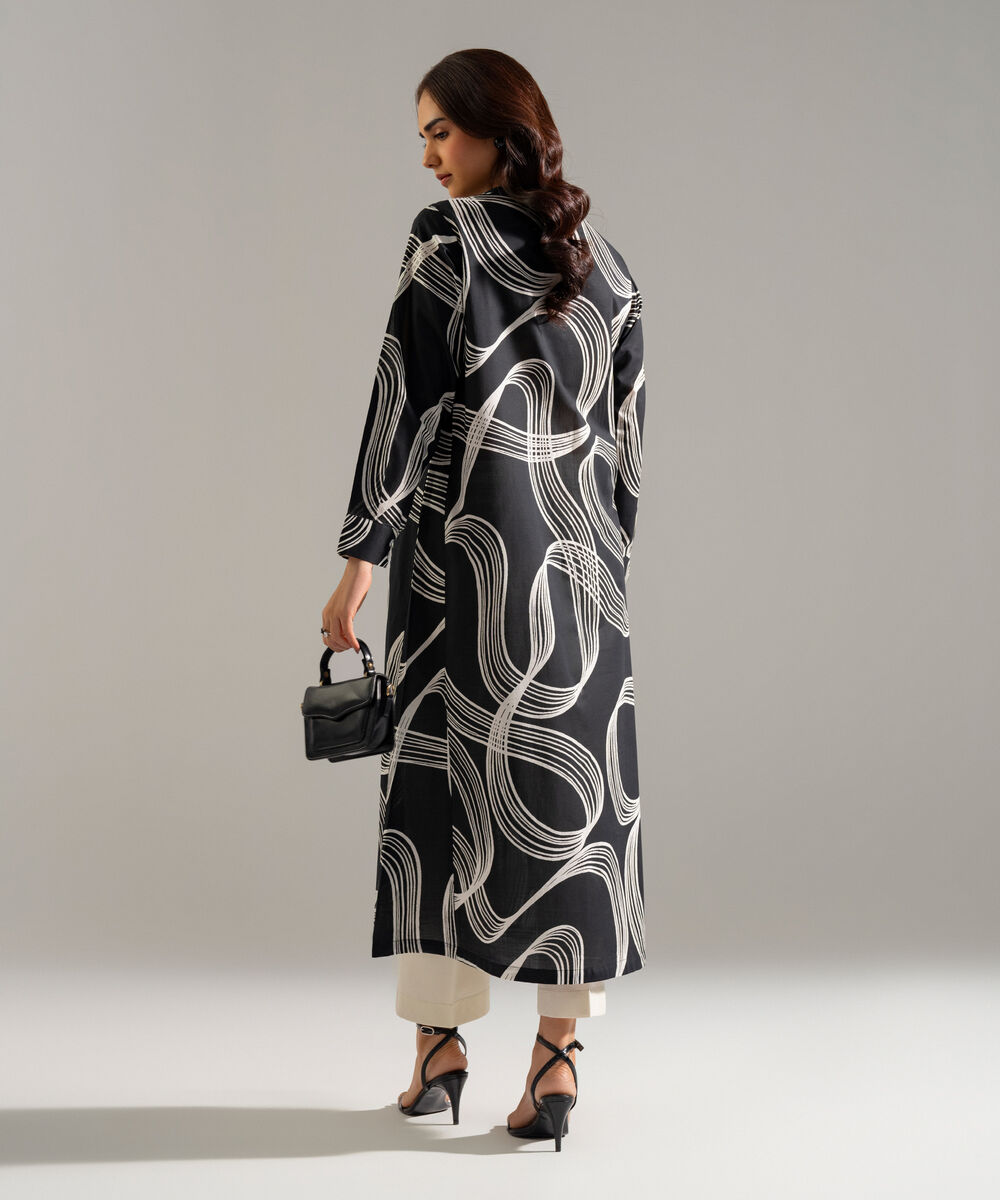 Women's RTW Slub Lawn Printed Black A-Line Shirt
