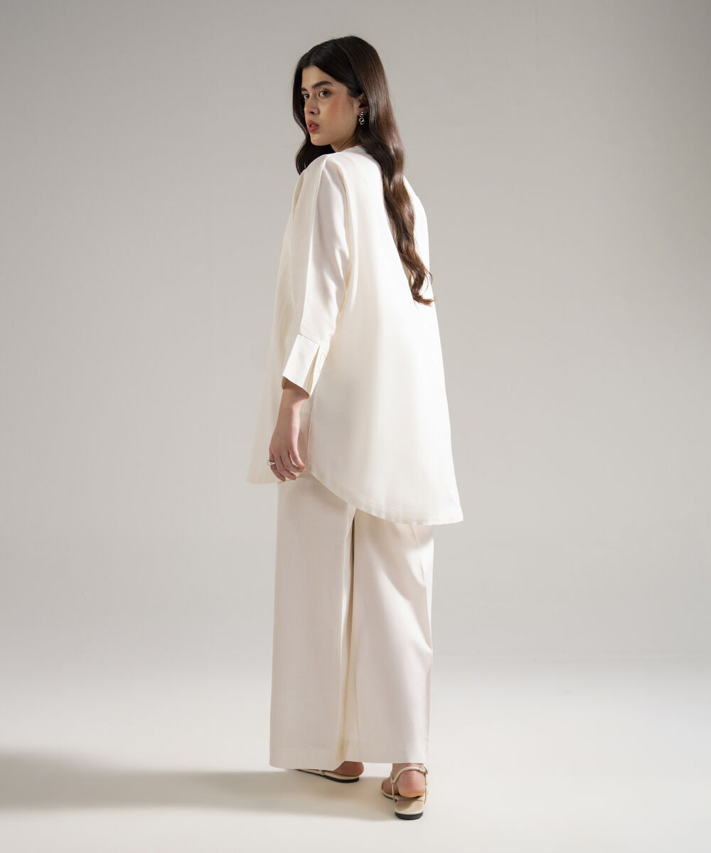 Women's RTW Cotton Linen Solid Off White 2 Piece Suit
