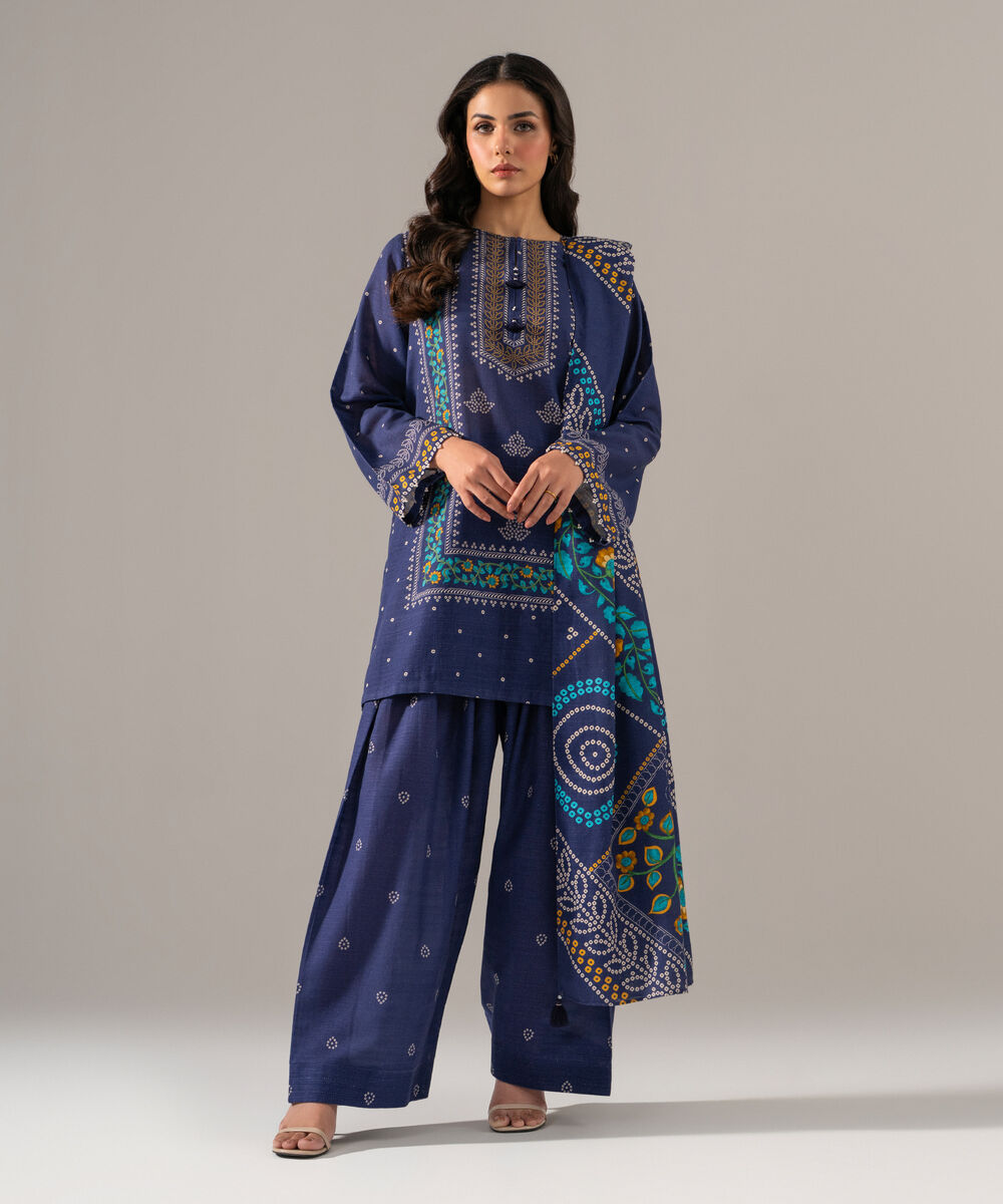 Women's RTW Khaddar Printed Blue 3 Piece Suit