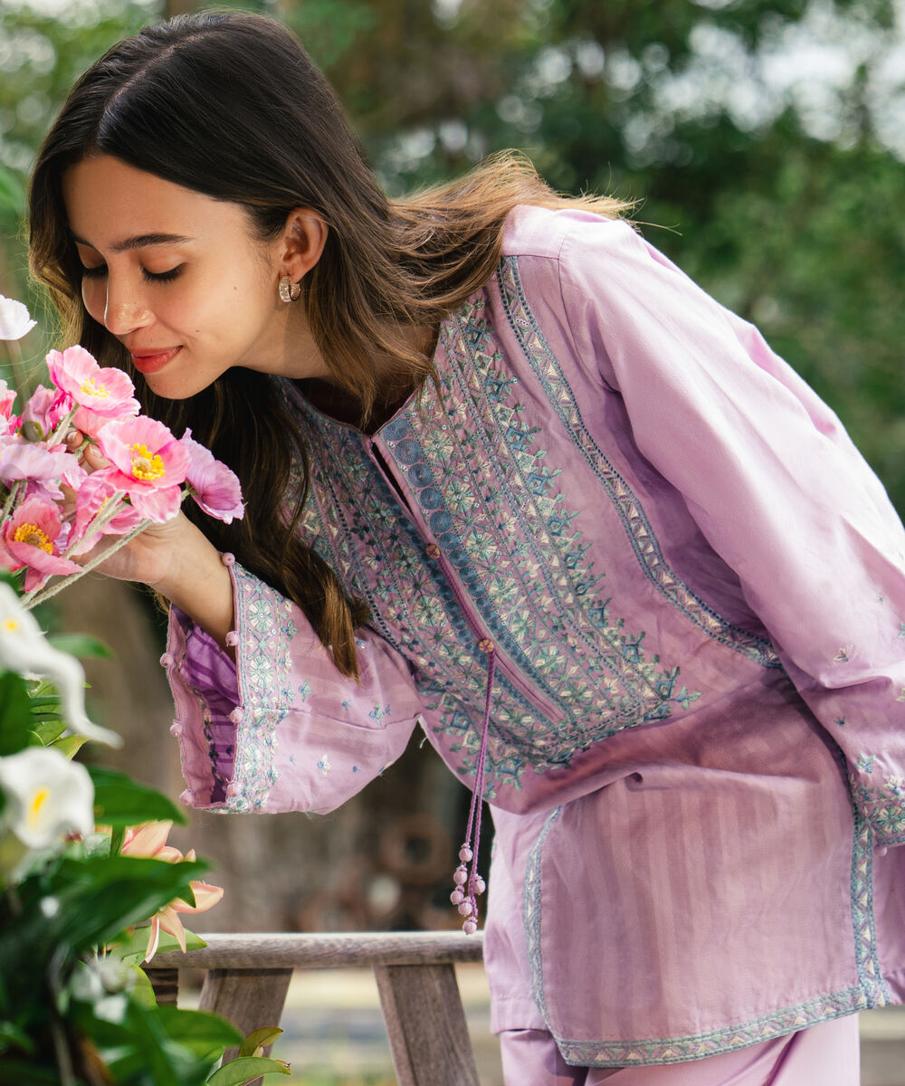 Women's RTW Dobby Embroidered Lilac 2 Piece Suit