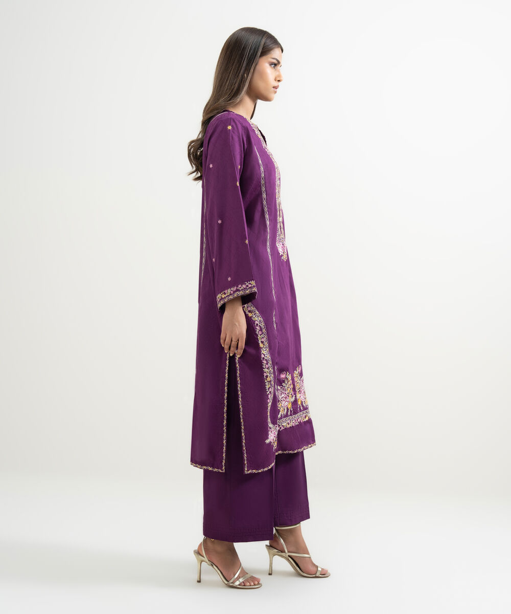 Women's RTW Self Jacquard Embroidered A-Line Purple Shirt