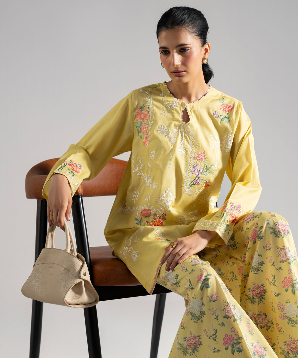 Women's RTW Lawn Embroidered Lime Yellow Straight Shirt