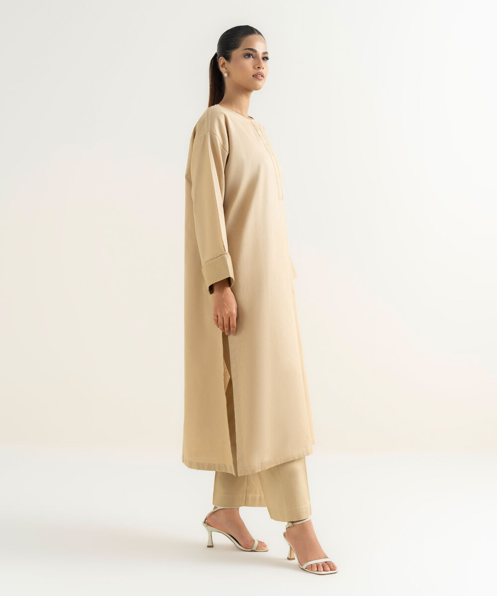 Women's RTW Cotton Linen Beige Solid Drop Shoulder Shirt