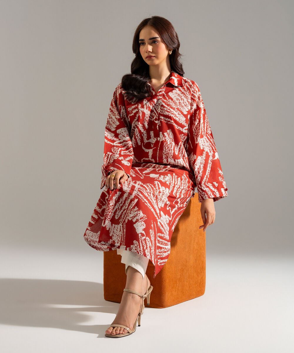 Women's RTW Slub Lawn Printed Red A-Line Shirt