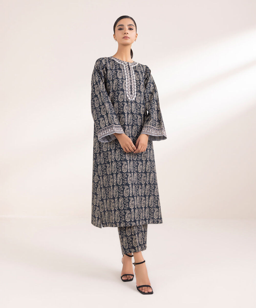 Women's Pret Printed Embroidered Navy Blue Light Khaddar A Line Shirt