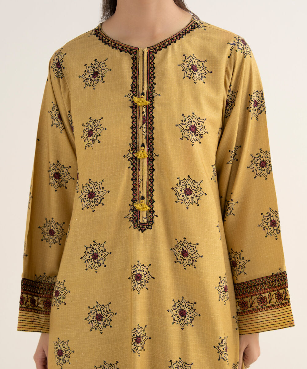 Women's RTW Herringbone Embroidered Mustard A-Line Shirt