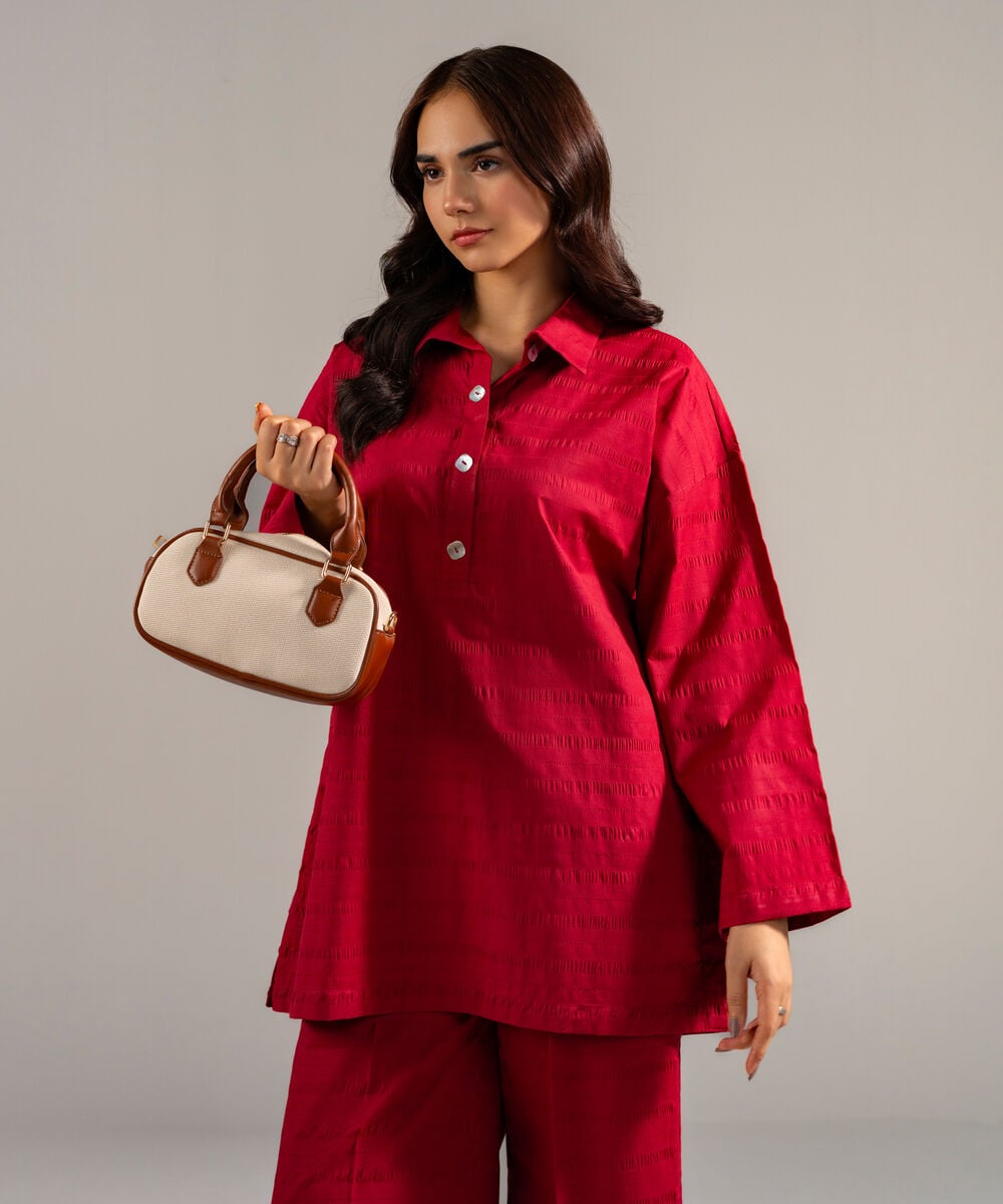 Women's RTW Seersucker Solid Maroon 2 Piece Suit