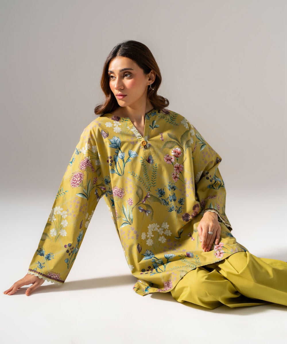 Women's RTW  Regular Khaddar Printed Muted Yellow Shirt and Trousers