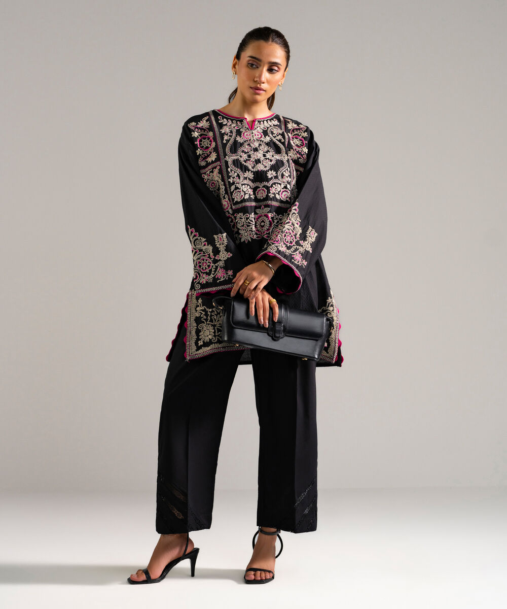 Women's RTW Dobby Embroidered Black 2 Piece Suit