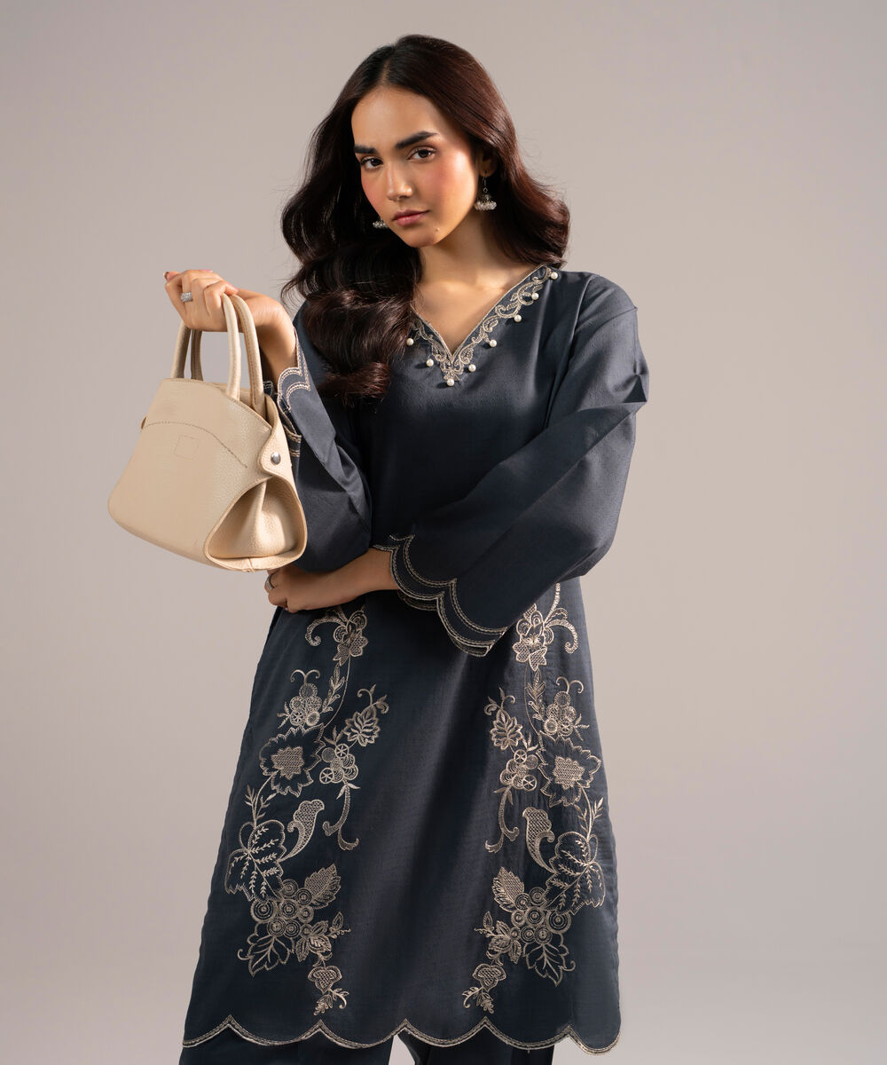 Women's RTW Dobby Embroidered Charcoal Grey Straight Shirt