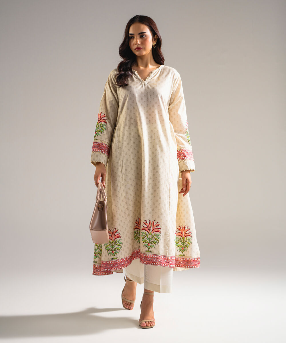 Women's RTW Slub Lawn Printed Beige Peshwas