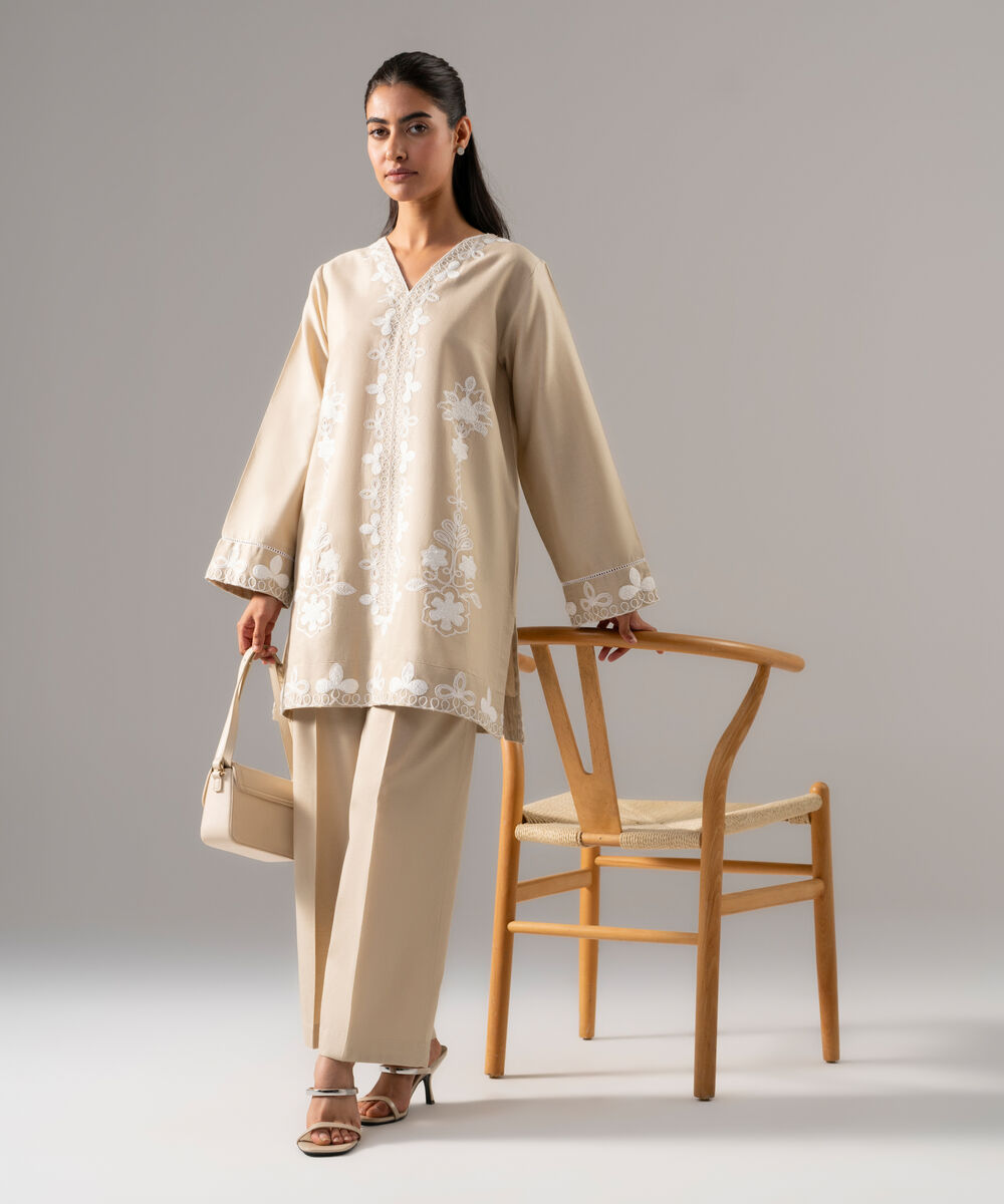 Women's RTW Cotton Linen Embroidered Sand 2 Piece Suit