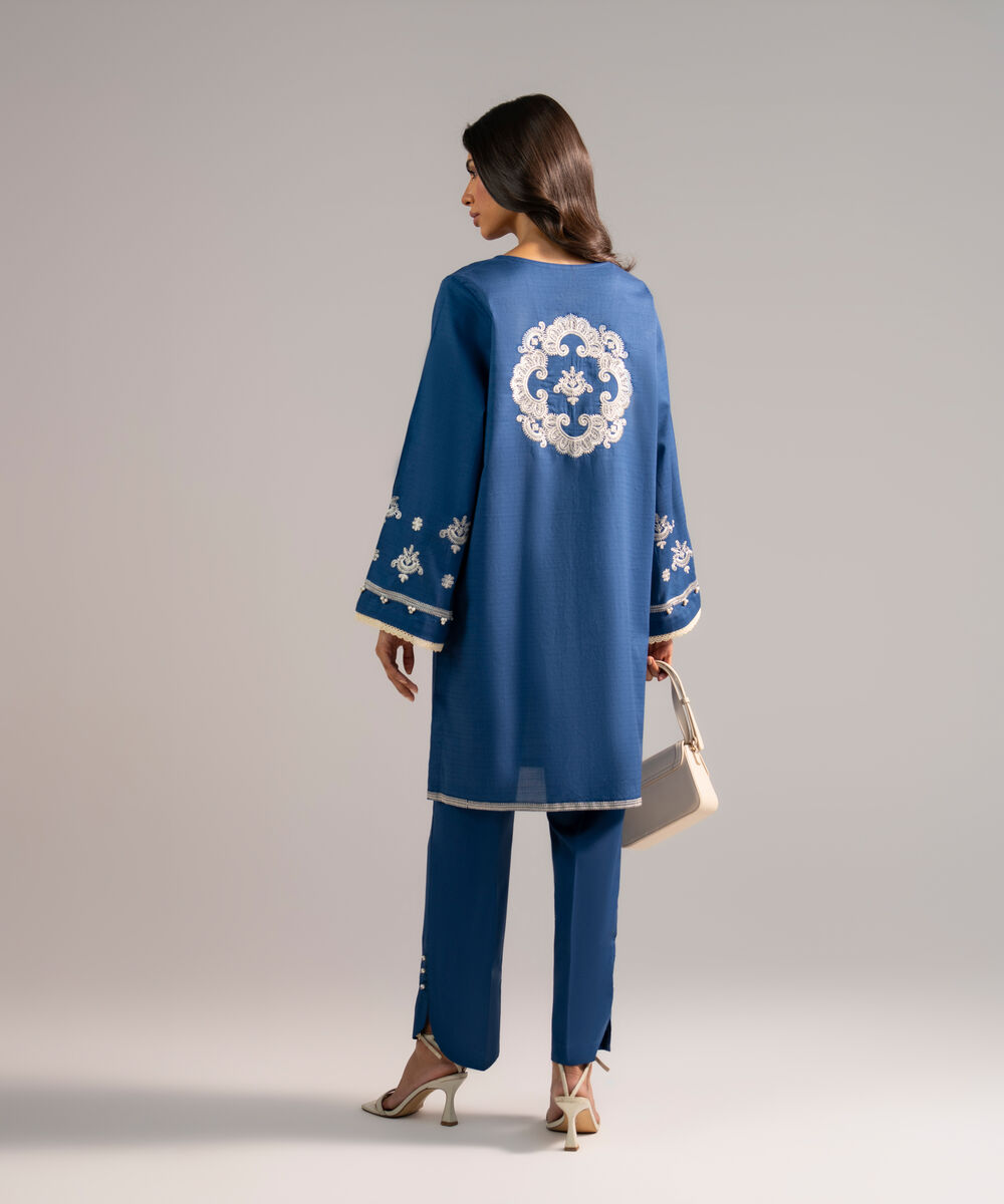 Women's RTW Dobby Embroidered Dark Blue Straight Shirt