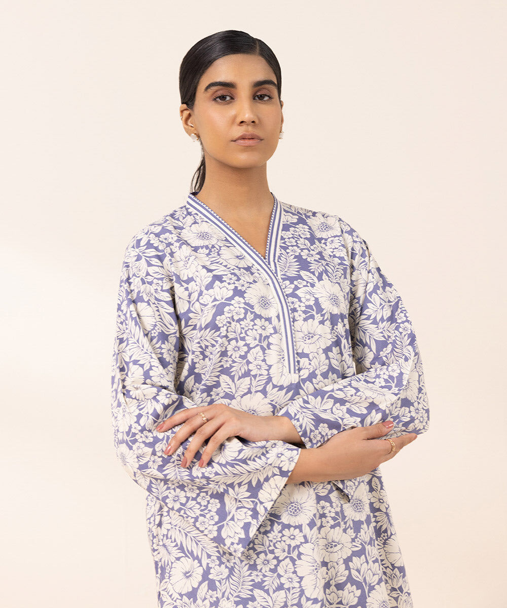 Women's Pret Cotton Viscose Printed Purple Straight Shirt