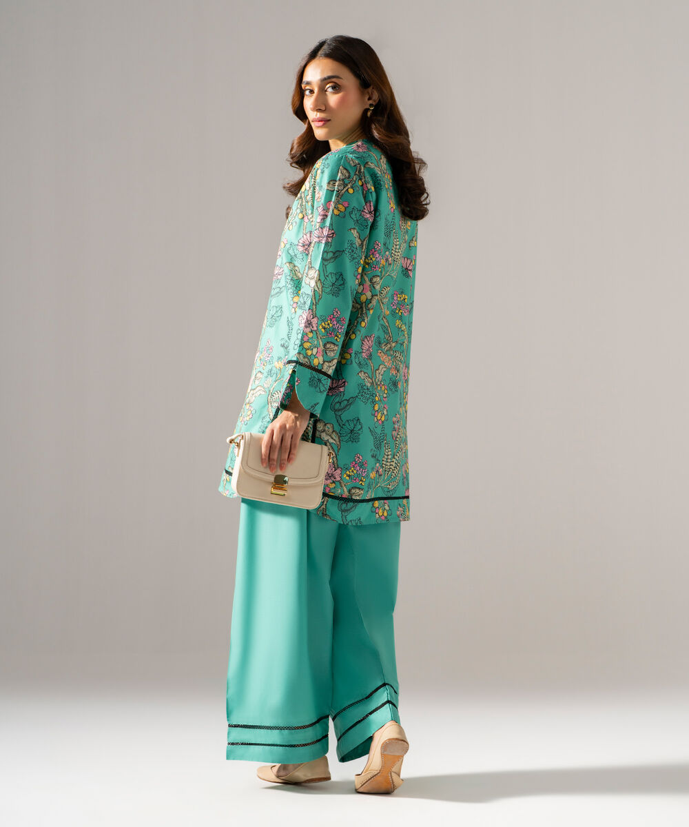 Women's RTW Regular Khaddar Printed Green Shirt and Trousers