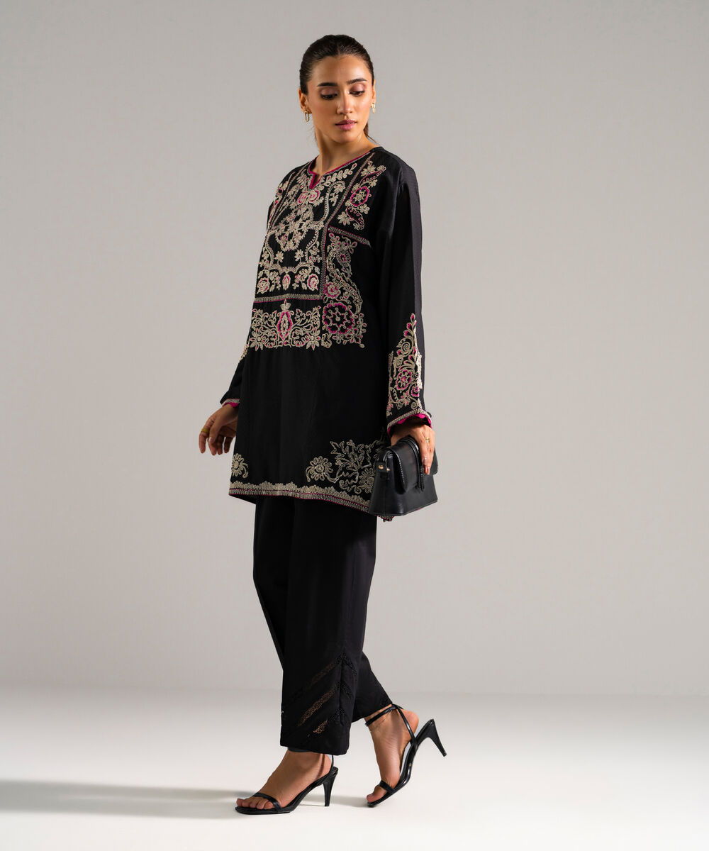 Women's RTW Dobby Embroidered Black 2 Piece Suit