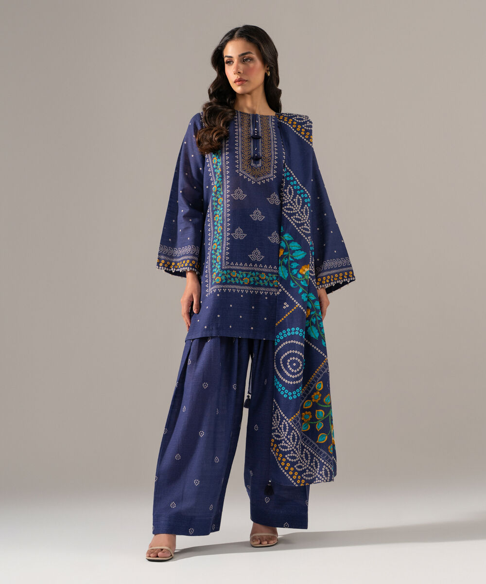Women's RTW Khaddar Printed Blue 3 Piece Suit