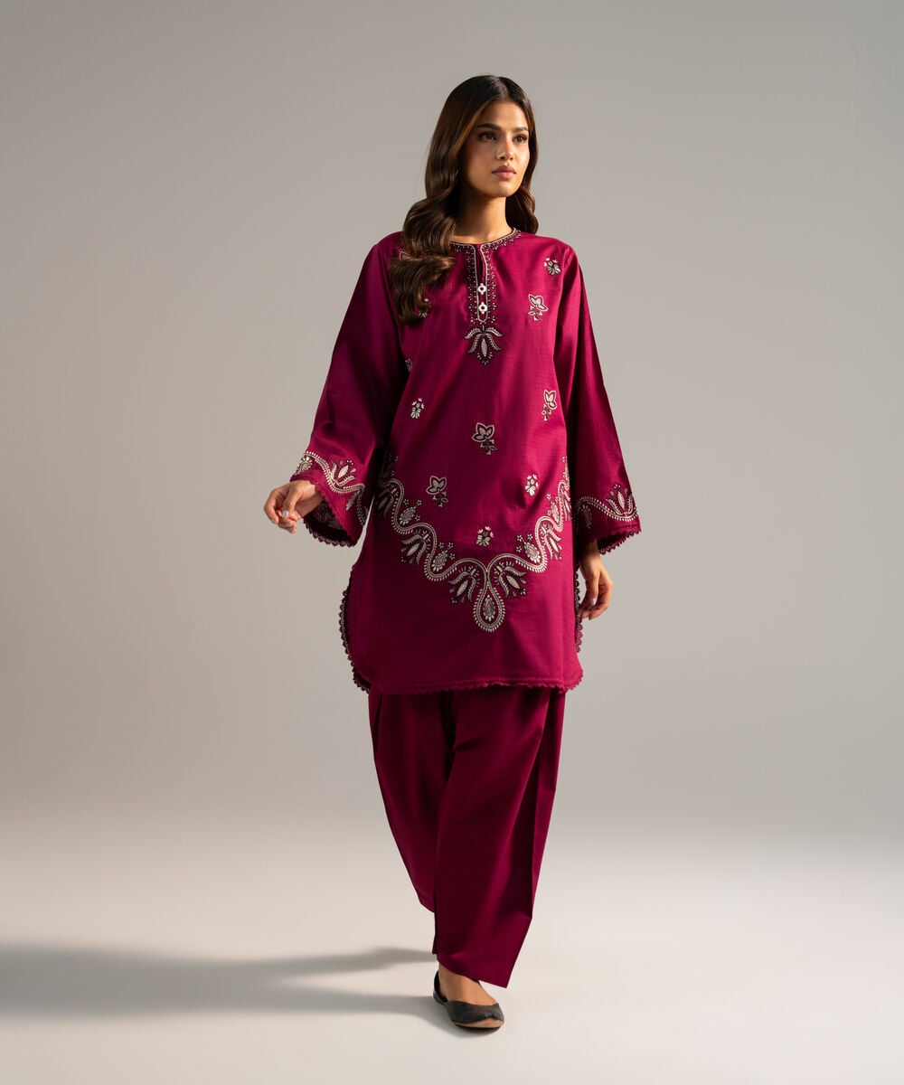 Women's RTW Dobby Embroidered Purple Straight Shirt