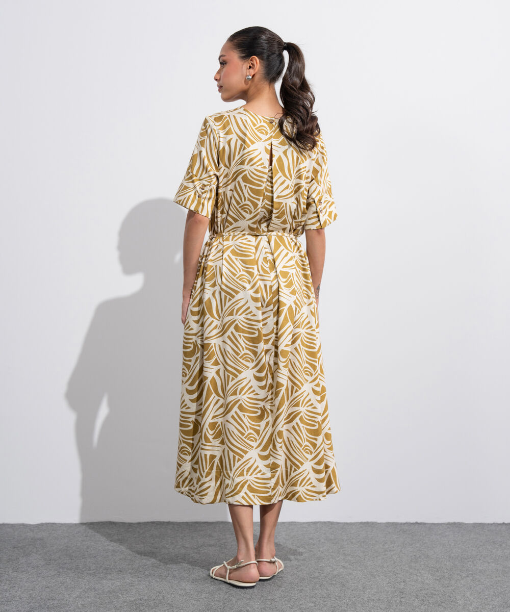 Women's Western Off White And  Musturd Linen Blend Printed Dress