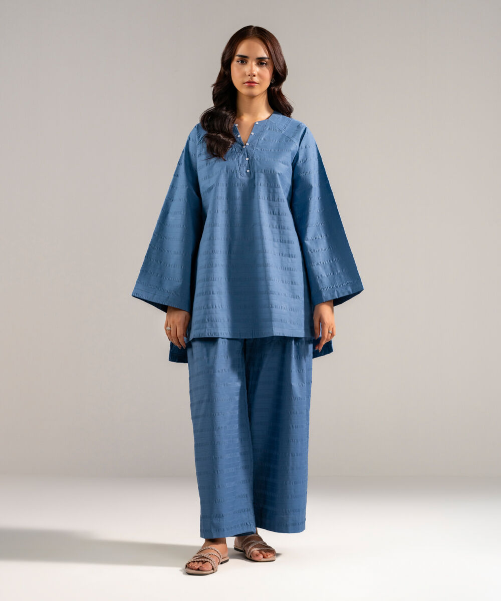 Women's RTW Seersucker Solid Blue 2 Piece Suit