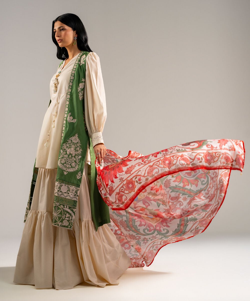 Women's RTW Self Jacquard Embroidered Green 3 Piece Suit