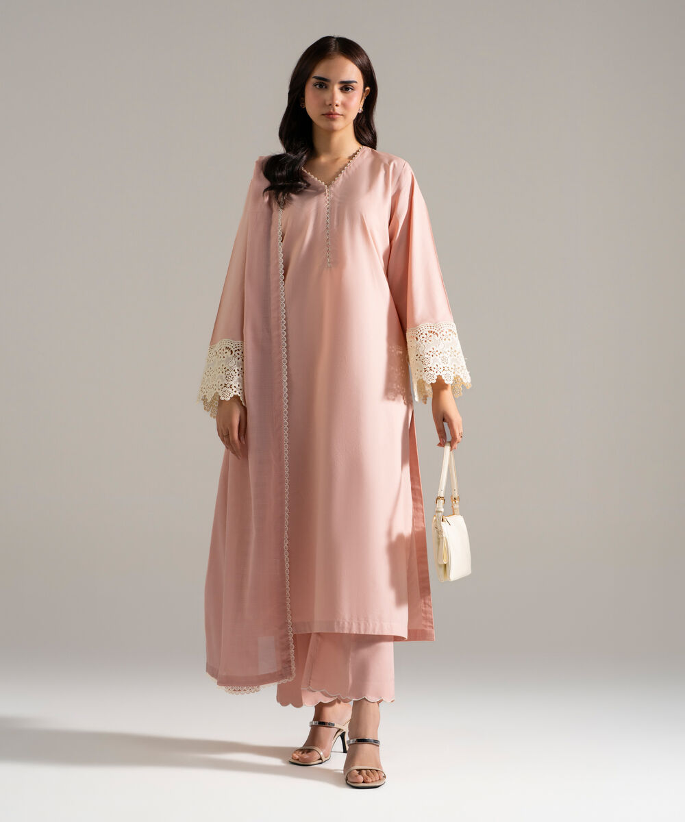 Women's RTW Cambric Printed Pink 3 Piece Suit