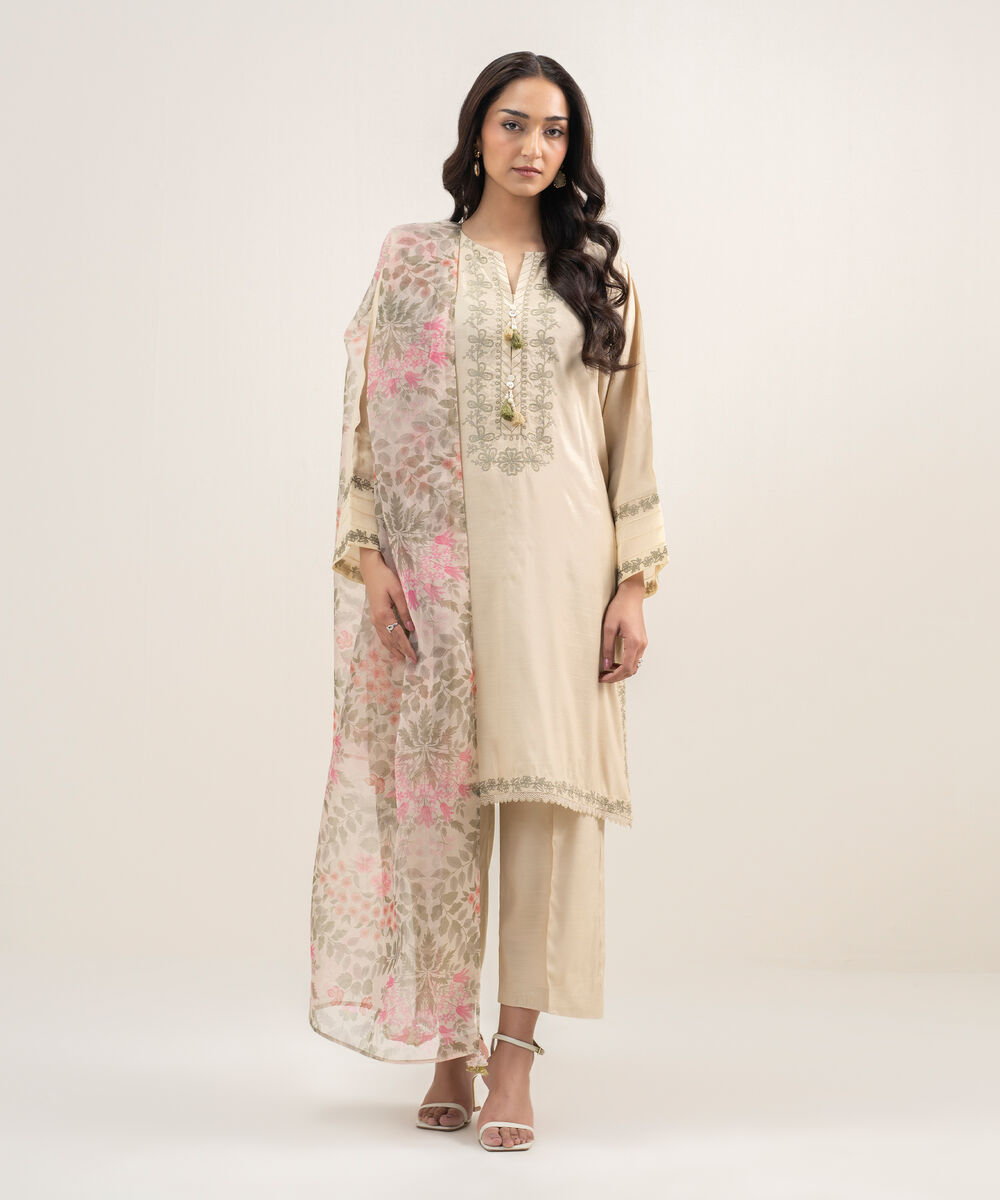 Women's RTW Viscose Raw Silk Embroidered Beige 3 Piece Suit