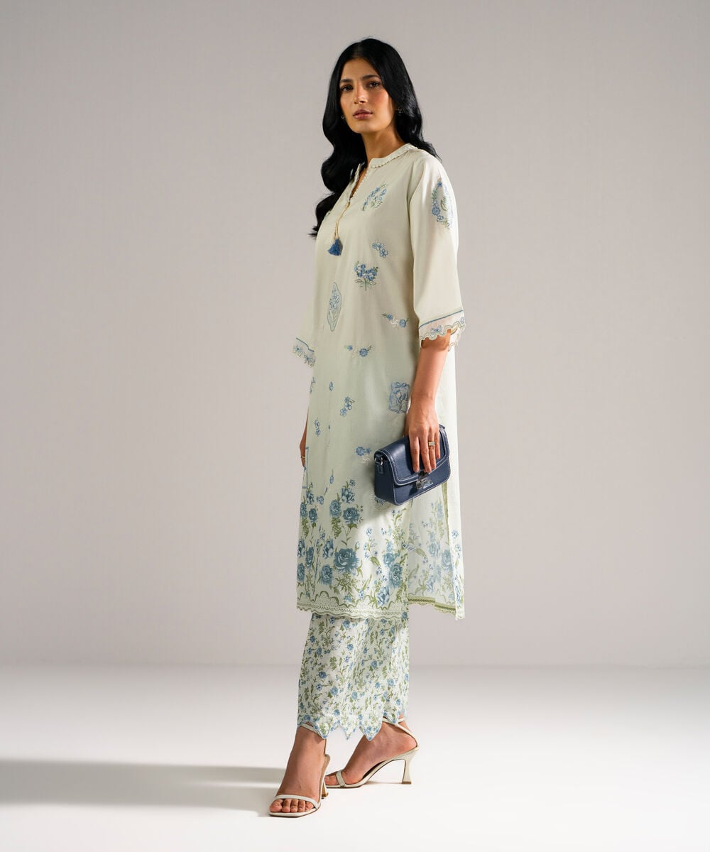 Women's RTW Lawn Embroidered Mint Green Straight Shirt