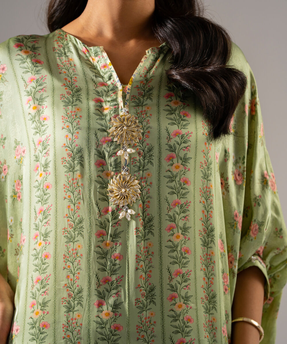 Women's RTW White Featheer Chamoz Printed Green Kaftan