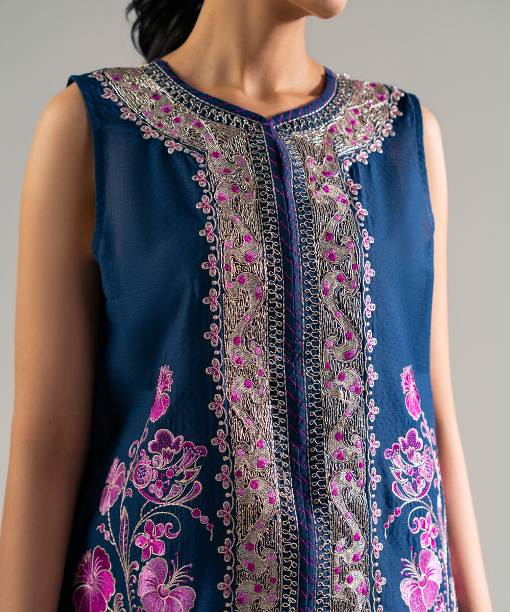 Women's RTW Dobby Embroidered Blue 2 Piece Suit