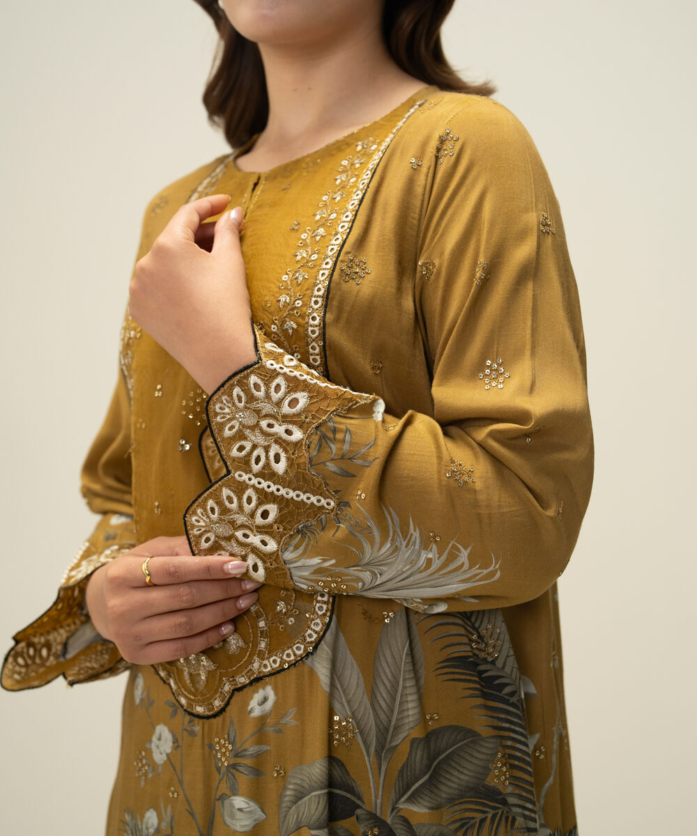 Women's RTW Viscose Raw Silk Embroidered Brown 2 Piece Suit