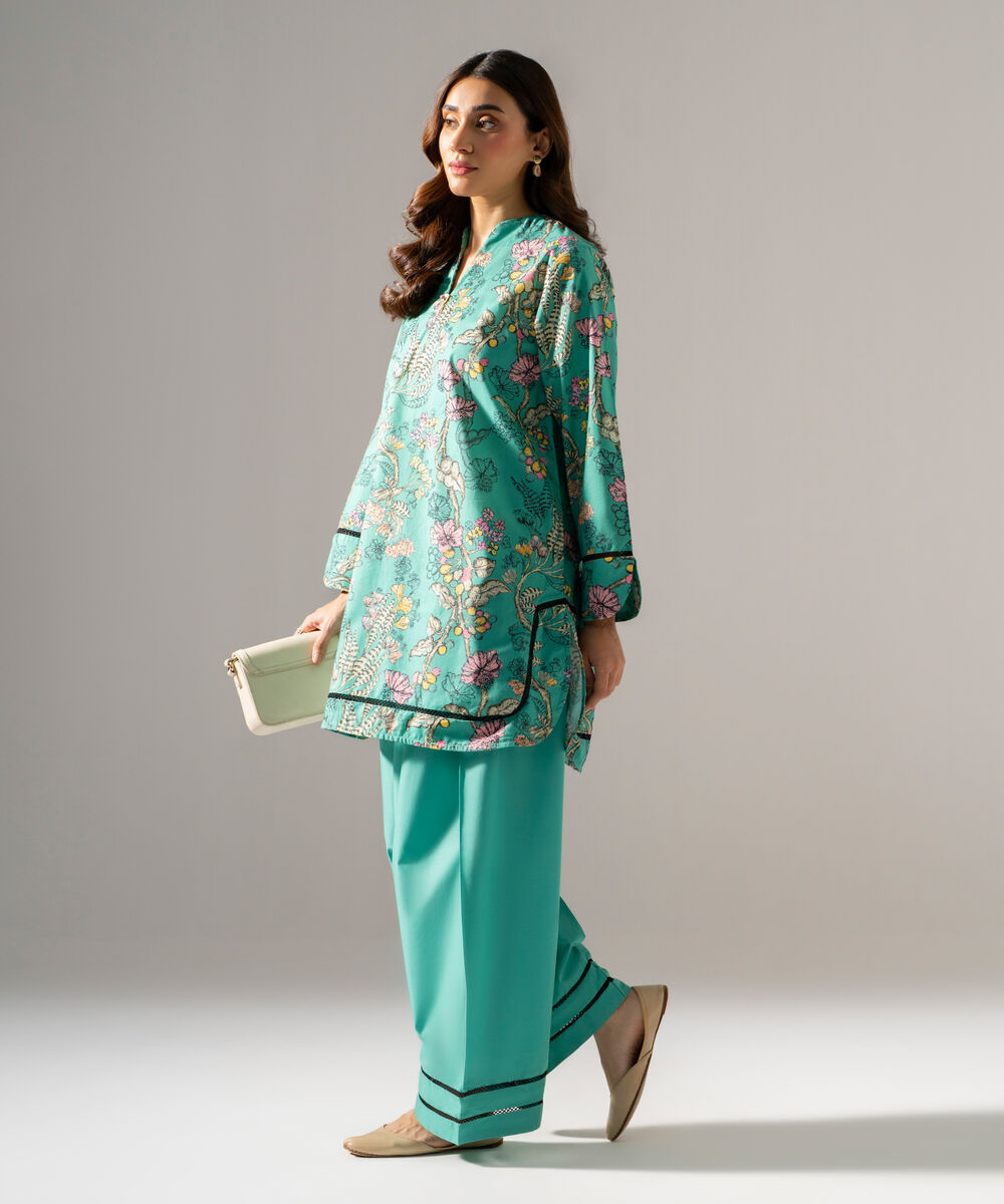 Women's RTW Regular Khaddar Printed Green Shirt and Trousers